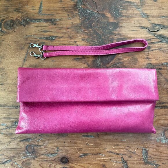 Lumiani Handbags - Lumiani Pink Leather Foldover Clutch & Strap NEW